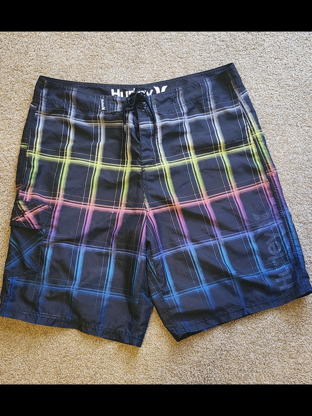 Hurley Men’s Black Swim Board Shorts with Rainbow Plaid.